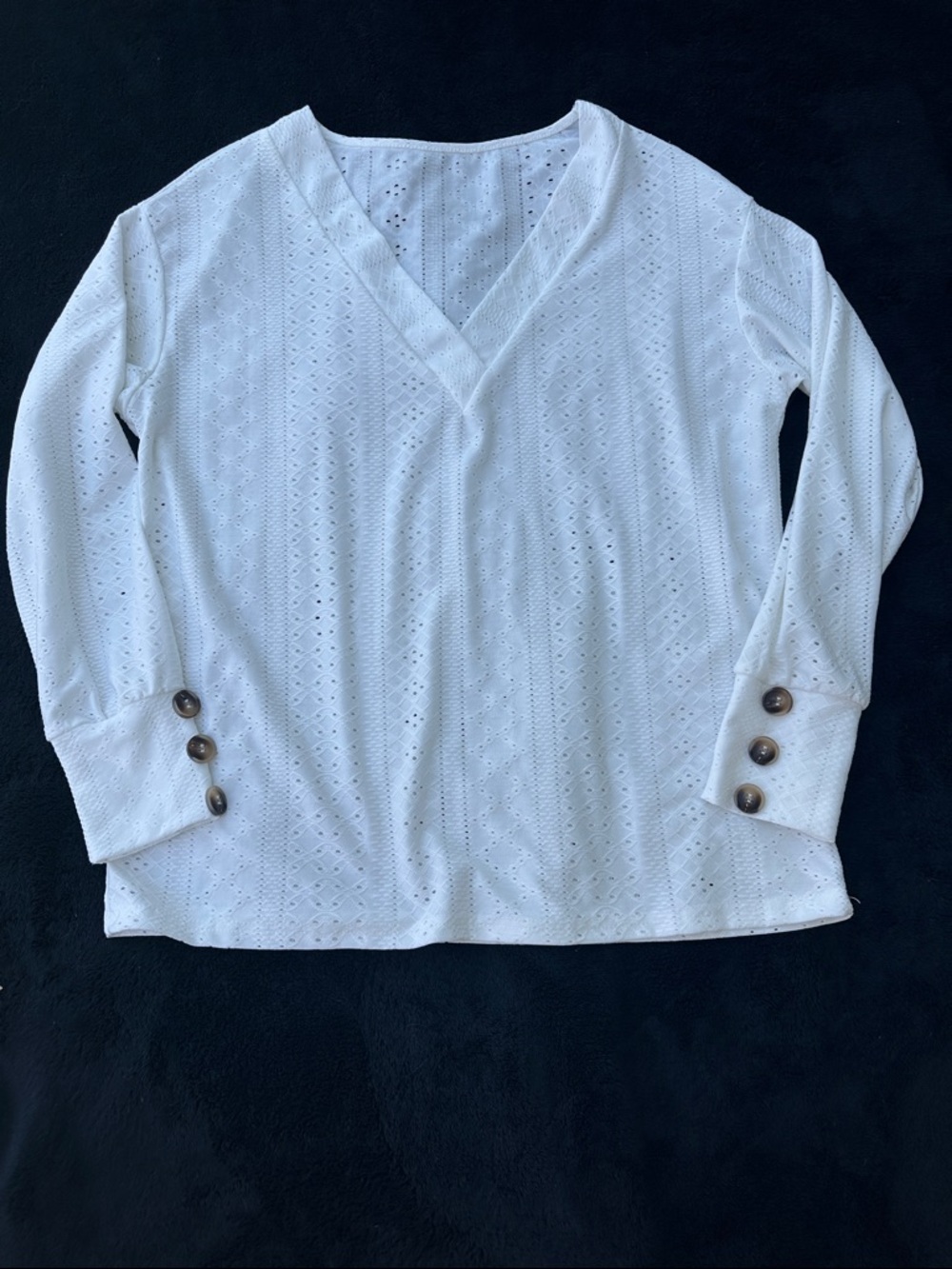 SHEIN White Eyelet V Neck Knit Sweater Button Sleeve Size M